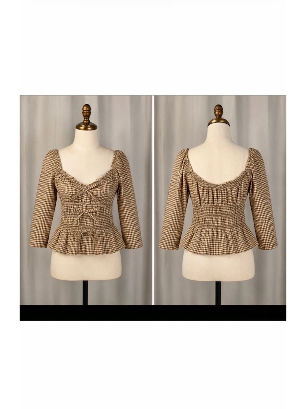 Reformation Brown Gingham Smocked Peplum Top